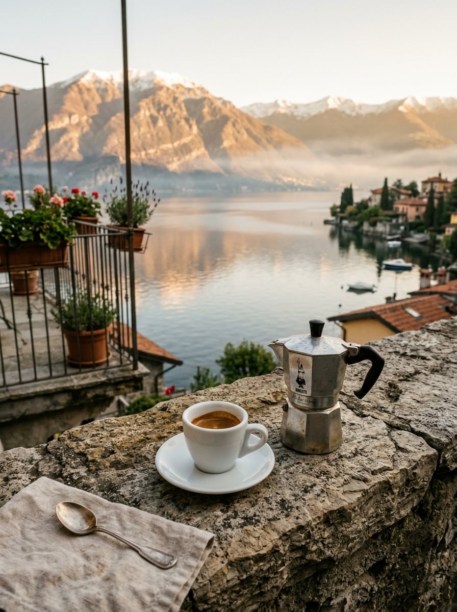 Kaffekopp og moka-kanne på en steinmur i morgenlys, med sjøen og fjellene i bakgrunnen