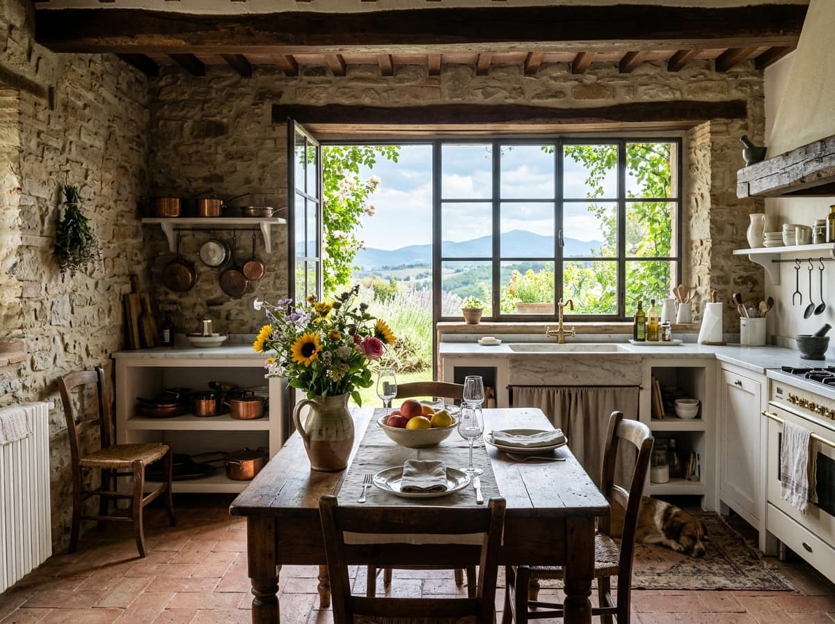 Rustikt kjøkken med kastanjebjelker, natursteinvegger og langbord med blomster